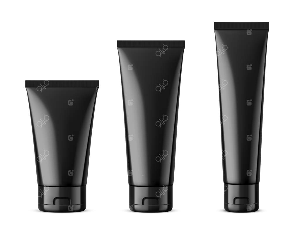 طرح بسته‌بندی لوازم آرایشی: مجموعه‌ای از لوله‌های مشکی در طراحی محصول واقعی وکتور