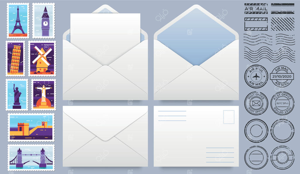 پاکت نامه با تمبرهای پستی: مجموعه قالب وکتور واقع‌گرایانه پاکت‌های پستی، تمبرها، مهرها و پاکت‌های باز و بسته، همراه با مهرها و نشان‌های مختلف.