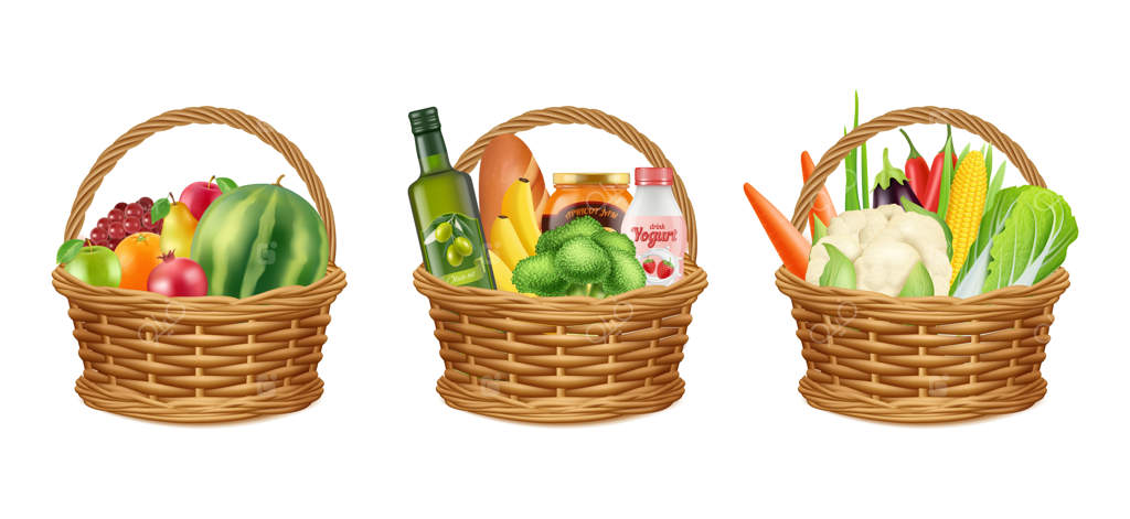 سبد مواد غذایی: میوه‌ها و سبزیجات واقعی، بطری روغن، نان، شیر و سبزیجات. بسته‌های پیک‌نیک یا کمک‌های مردمی به صورت وکتور. سبدی از میوه و سبزیجات از فروشگاه مواد غذایی.