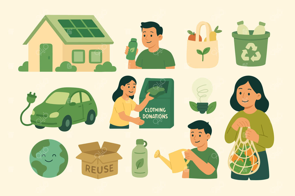 مجموعه‌ای از تصاویری برای سبک زندگی سبز با شخصیت‌ها، خودروی برقی، بازیافت و لوازم قابل استفاده مجدد.