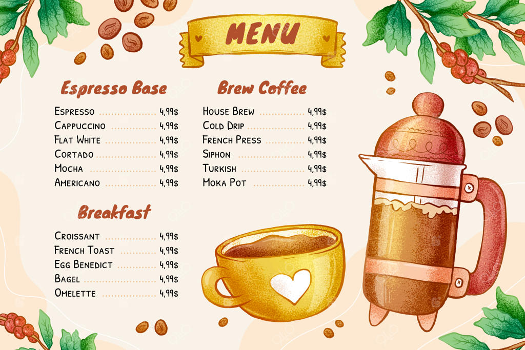 پترن منوی کافه با طراحی دستی