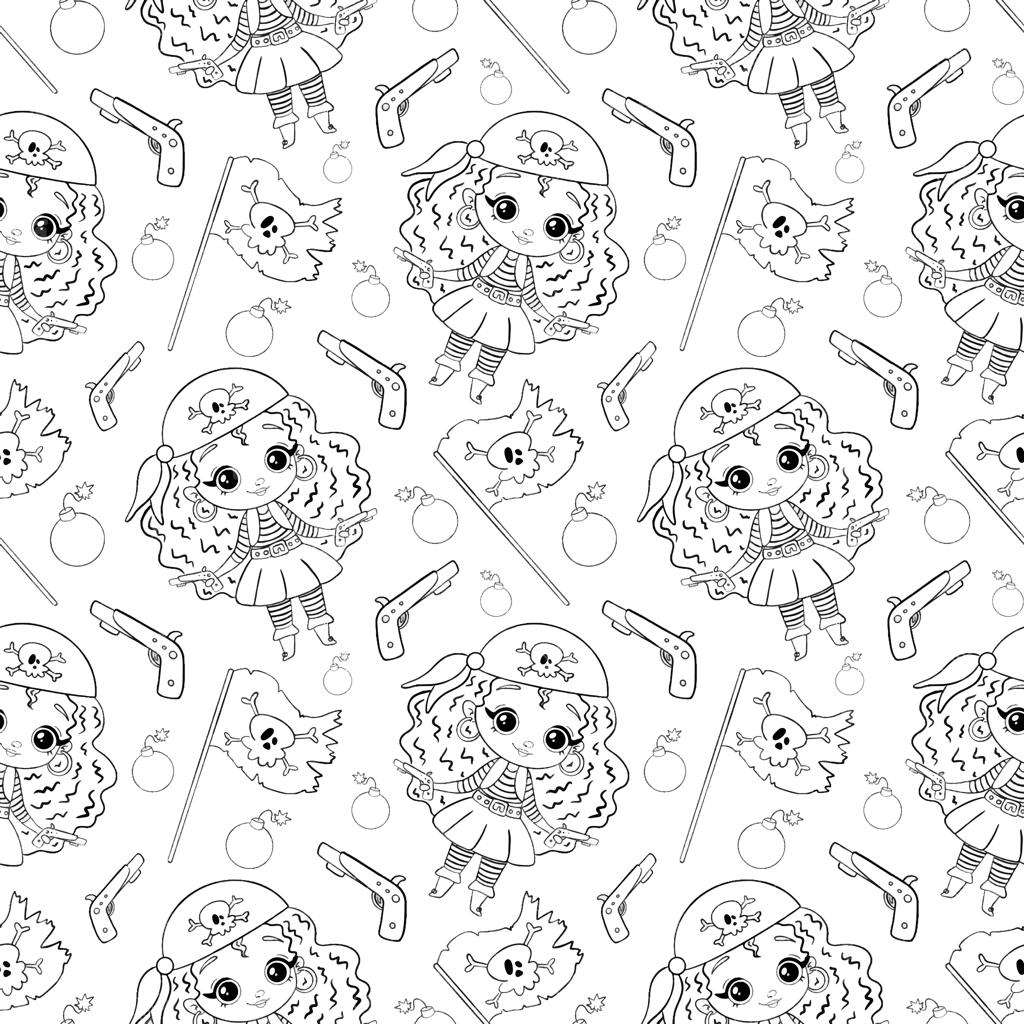 الگوی یکپارچه دختران دزد دریایی کارتونی بامزه. صفحه رنگ‌آمیزی دزدان دریایی