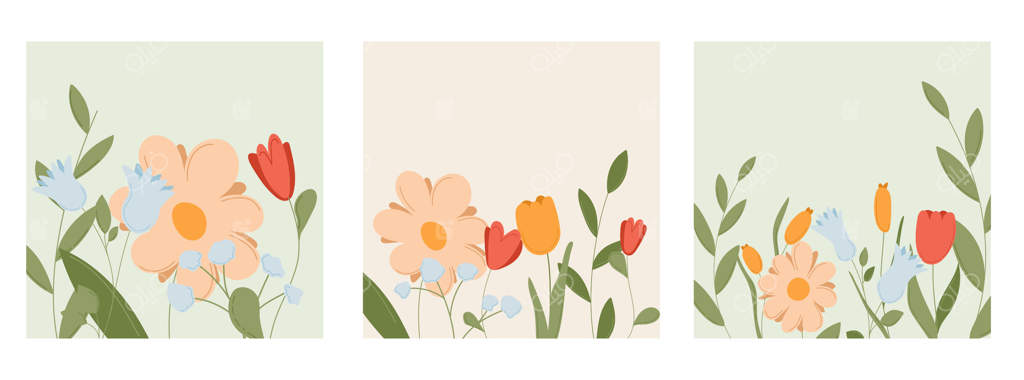 کارت بهاری با پترن گل. طراحی دسته‌گل روز مادر برای تزئین باغ. قاب شیک تابستانی با طرح انتزاعی گیاه. بنر تبریک مدرن با ترکیب زنانه