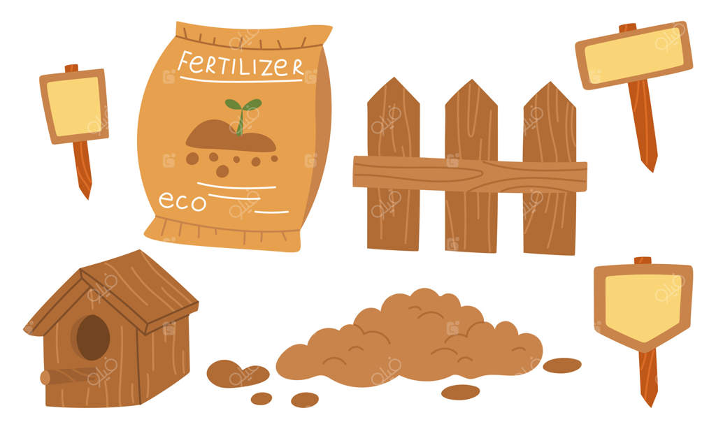 مجموعه‌ای از وسایل باغبانی: کاشت محصولات. کود، خاک، حصار، تابلوها، خانه پرنده. تصویرسازی با رنگ‌های ساده. مناسب کارت پستال، چاپ، طراحی بلاگ، کتاب‌های کودک، طراحی بسته‌بندی و پروژه‌های بهاری.
