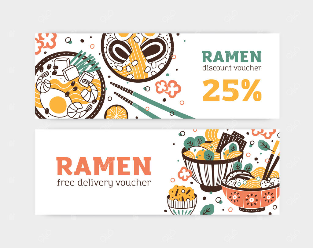 بنر وکتور با تخفیف و تحویل رایگان ست رامن. برگه تبلیغاتی رستوران یا کافه غذای سنتی ژاپنی با فضای متن. تبلیغ افقی با غذای شرقی