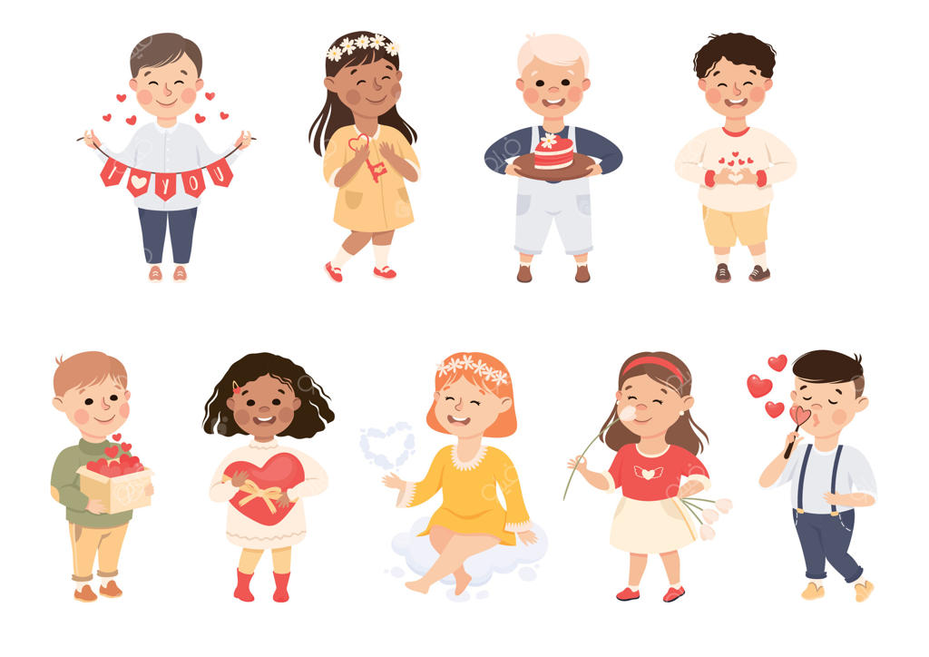 مجموعه نمادهای احساسات رمانتیک کودکان بامزه، پسران و دختران شیرین با قلب‌ها، تصاویری کارتونی برای روز ولنتاین شادی‌آور