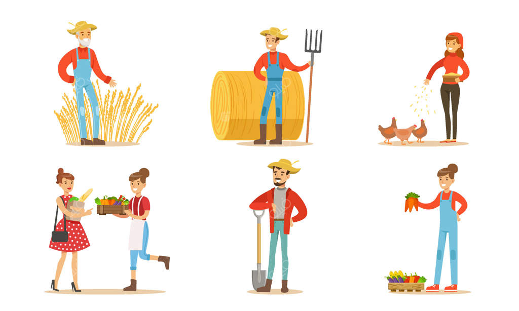 کشاورزان در مزرعه یا باغ: مردان و زنانی که از حیوانات مراقبت می‌کنند و سبزیجات ارگانیک در بازار مزرعه می‌فروشند - تصویرسازی