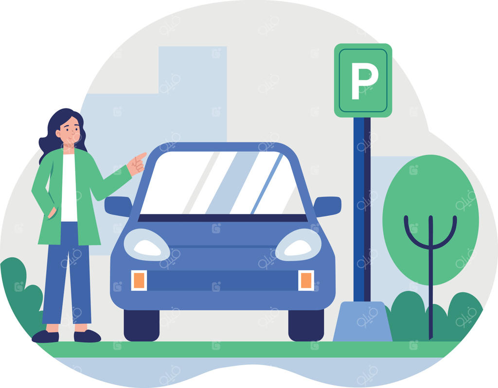 تصویرسازی پارکینگ با حضور زن و خودروی حرفه‌ای وکتور