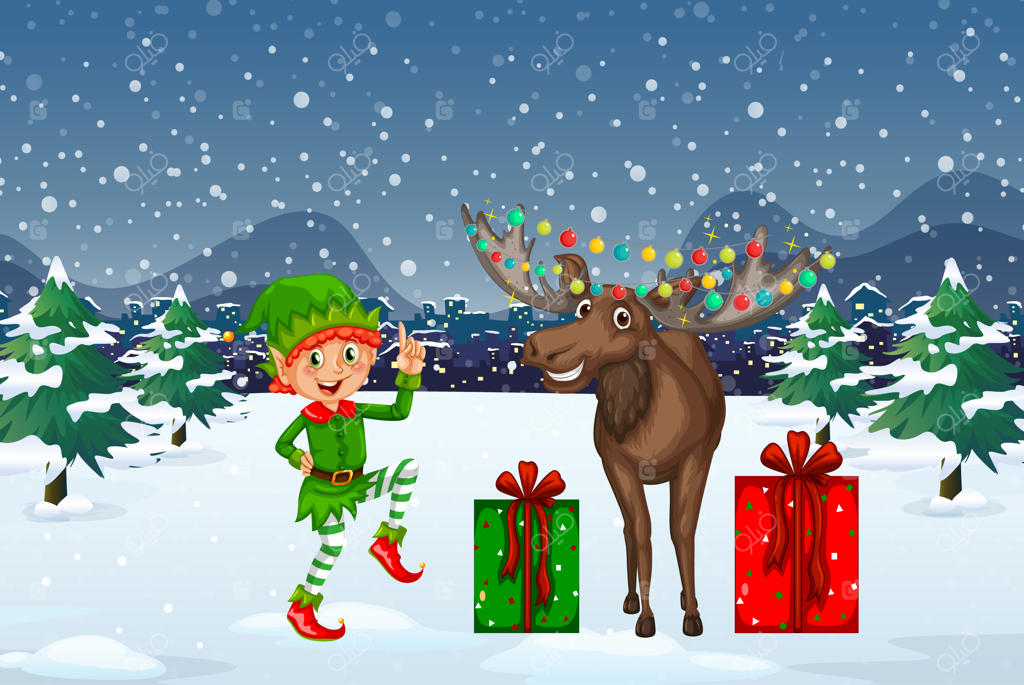 نمای شب برفی با شخصیت‌های کارتونی کریسمس