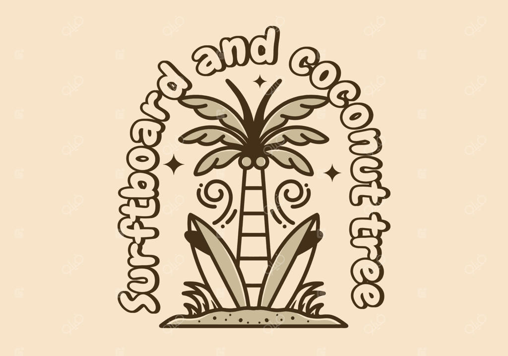 تصویر نوستالژیک از درخت نارگیل و دو تخته موج‌سواری