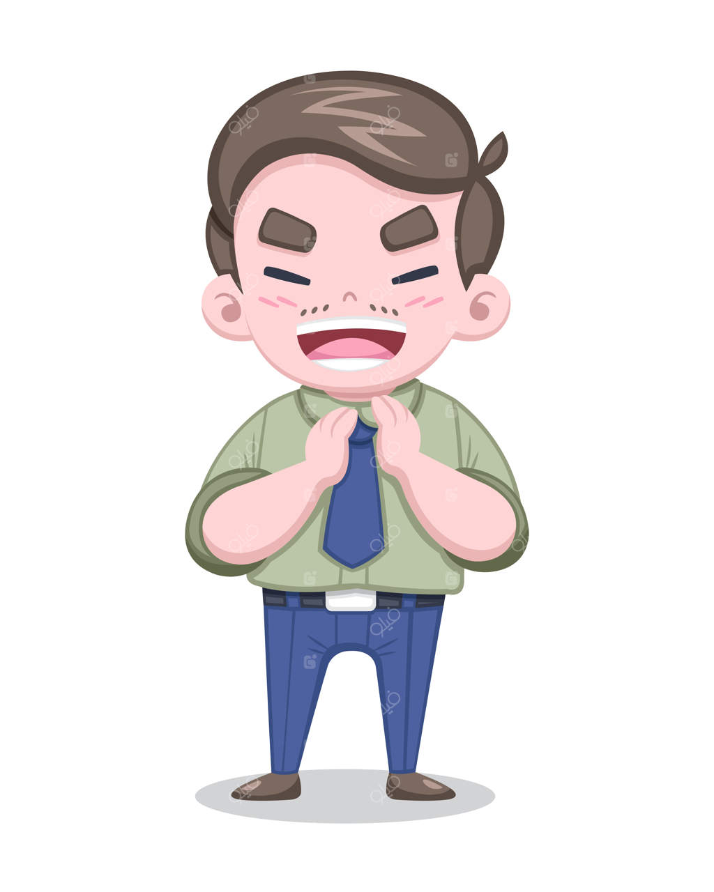 تصویر کارتونی کارمند ژاپنی با پیراهن سبز زیبا که شادمانه دست می‌زند