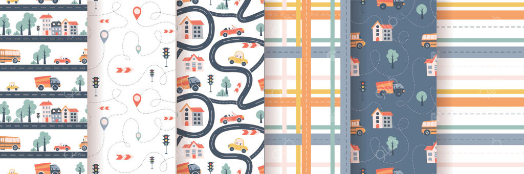 طرح بدون درز کودکان با ماشین، اتوبوس و جاده. مناسب برای پارچه، کاغذ دیجیتال و کارت‌ها.