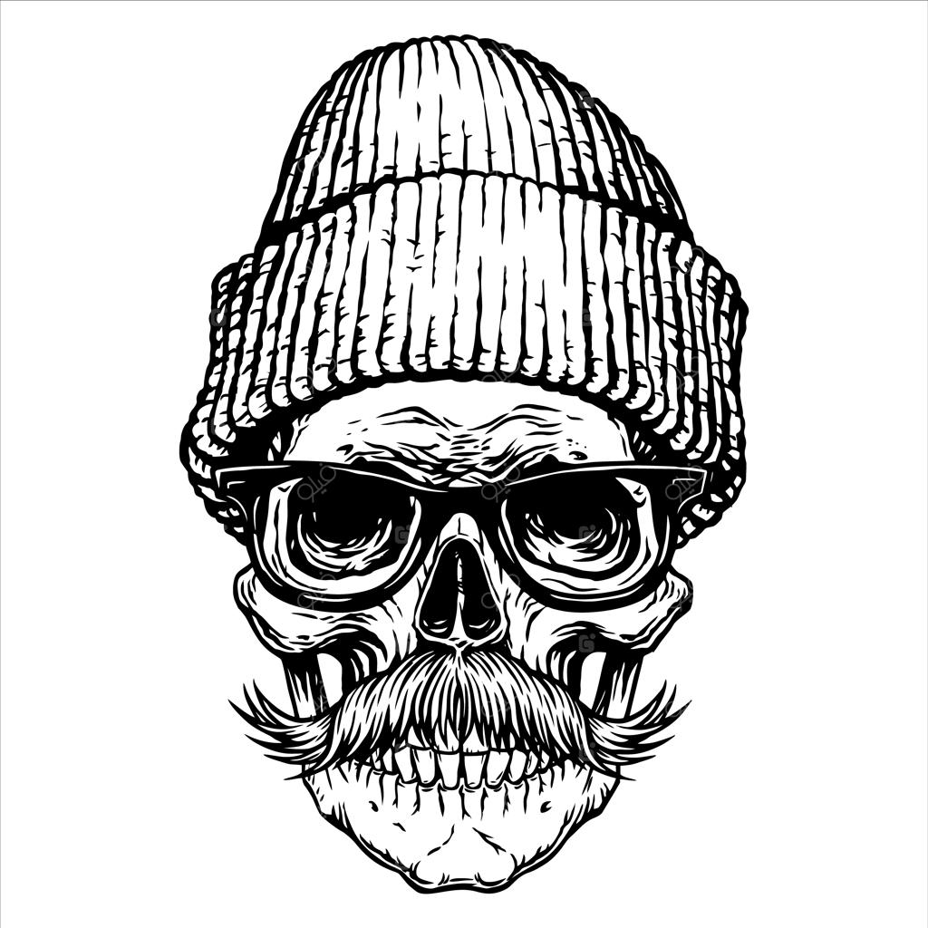 طراحی دستی از جمجمه با سبیل، عینک، کلاه و خالکوبی مشکی