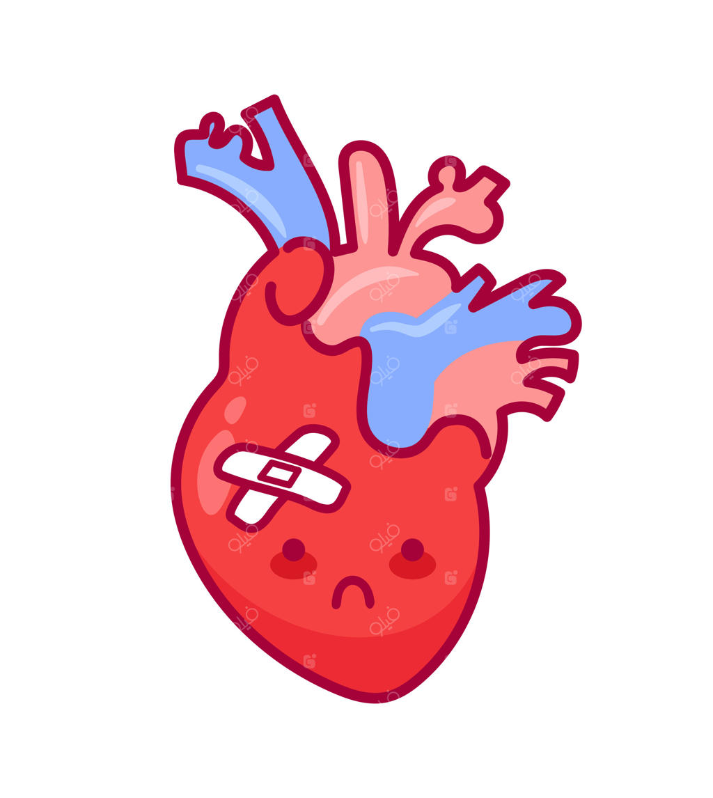 قلب؛ کاراکتر بامزه به سبک کاوایی. تصویرسازی تخت (فلت) با موضوع عضو بیمار، جراحی قلب و سیستم قلبی عروقی. مناسب برای قالب بروشور پزشکی و مشکلات سلامتی.