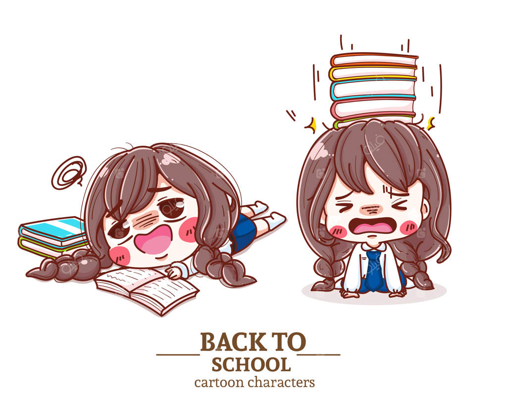 دانش‌آموز مضطرب در حال پاسخ دادن به امتحان، مطالعه کتاب، بازگشت به مدرسه، لوگو و تصویرسازی.