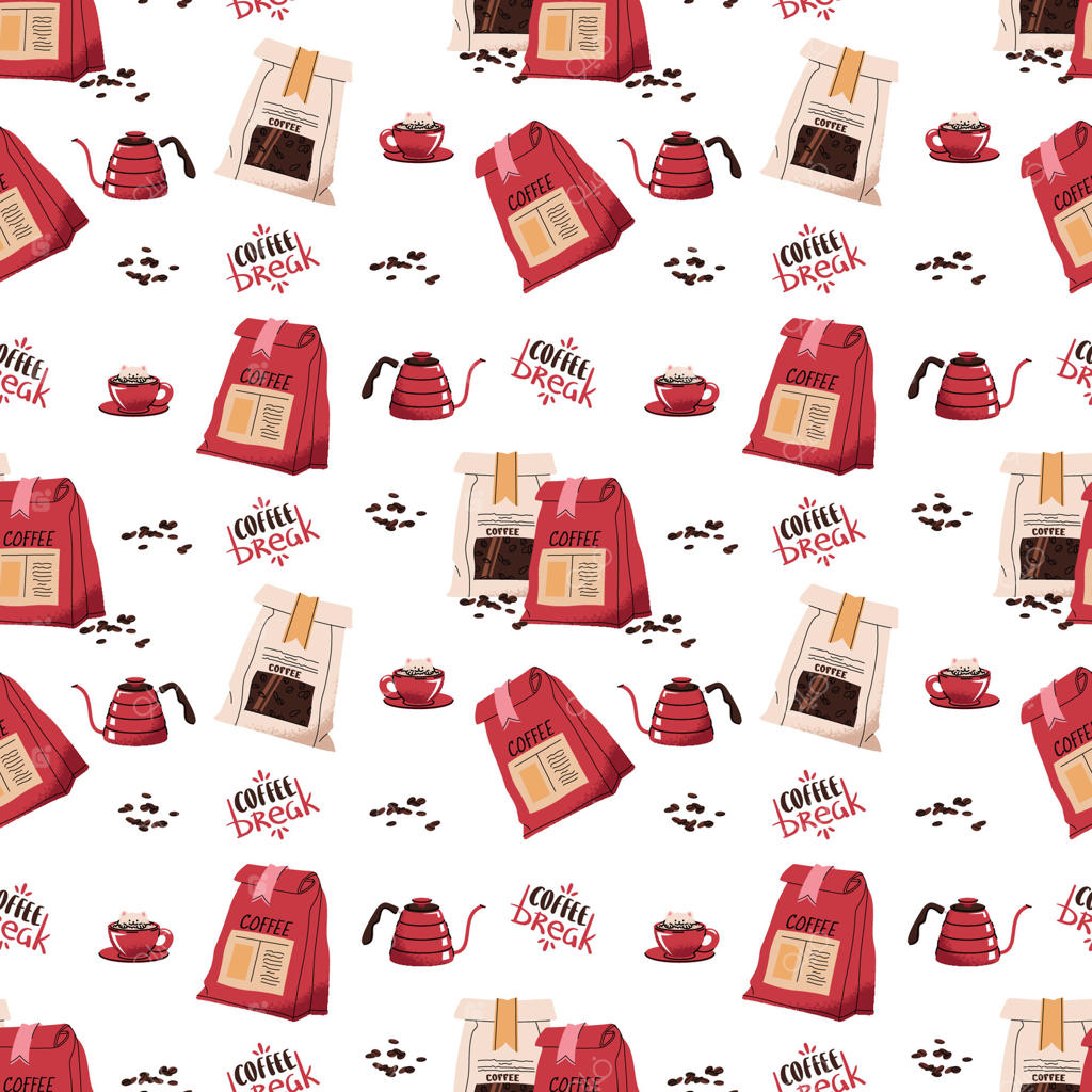 پترن یکپارچه با کیسه قهوه و قوری قهوه. بافت تکراری با لوازم و ابزارهای قهوه. ابزارهای باریستا. زمان استراحت با قهوه. مناسب برای منسوجات و کاغذ دیواری.