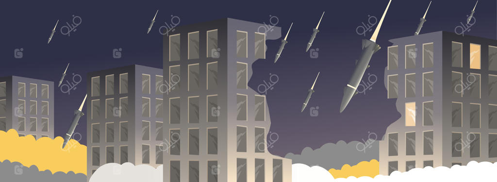 موشک شهر را ویران کرد. تصویرگری از جنگ مدرن. هرج‌ومرج ناشی از برخورد موشک‌های بالستیک با شهر. تصویرگری جنگ جهانی