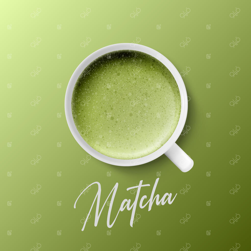 ماگ سرامیکی سفید سه‌بعدی از نمای نزدیک با کف شیر سبز، طراحی ماچا از بالا، بر روی زمینه سبز