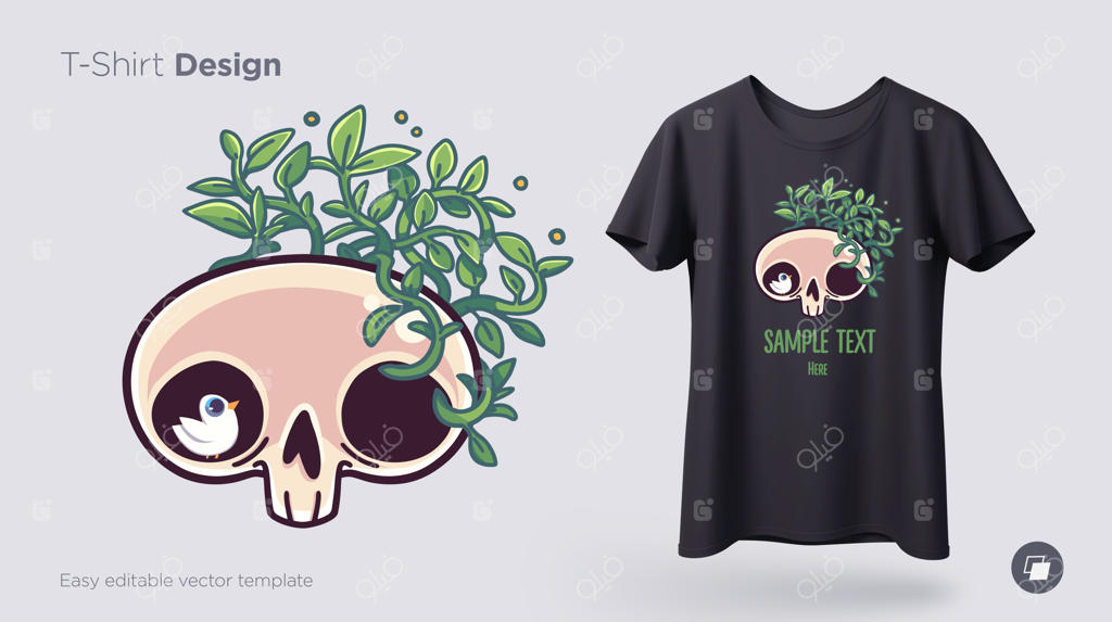 طرح تی‌شرت با جمجمه‌ای پوشیده از گیاه برای چاپ روی لباس، پوستر یا سوغاتی‌ها