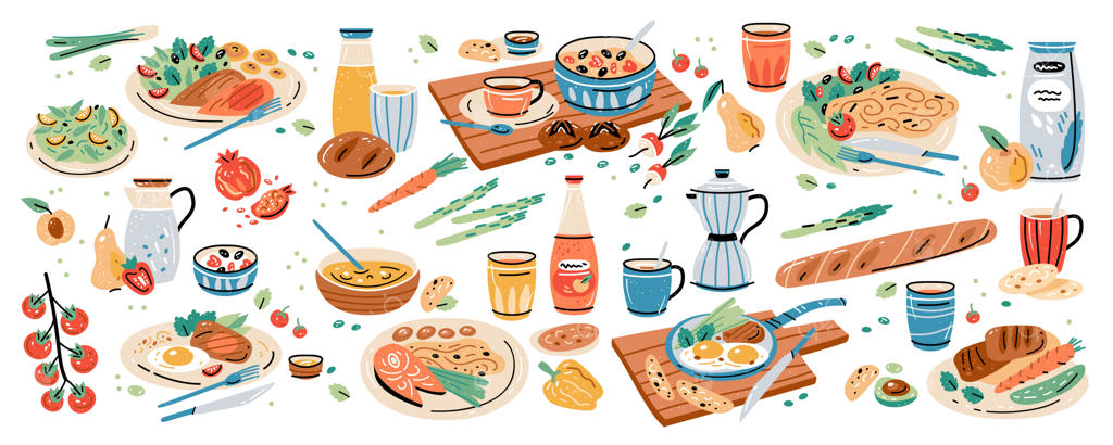 مجموعه‌ای از صبحانه، ناهار و شام سالم و متنوع