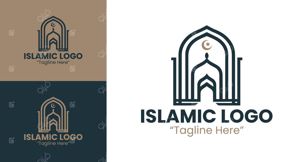 لوگوی اسلامی مدرن و مینیمال در قهوه‌ای و آبی تیره با عناصر هندسی ظریف