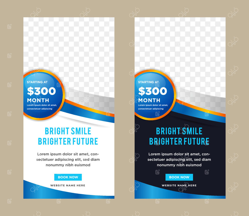 بنر عمودی با محصول، پس‌زمینه آبی و بنفش دندانپزشکی - مفهوم انتزاعی مراقبت‌های بهداشتی یا فناوری پزشکی.