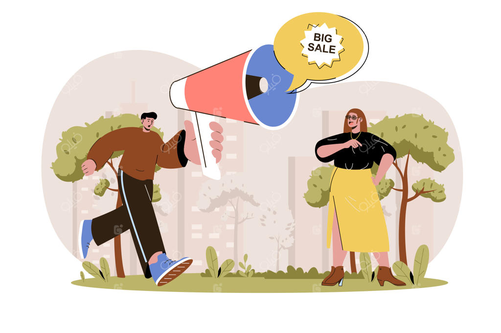 مفهوم تبلیغات وب - مردی با بلندگو فروش ویژه را اعلام می‌کند و مشتریان زن را جذب می‌کند