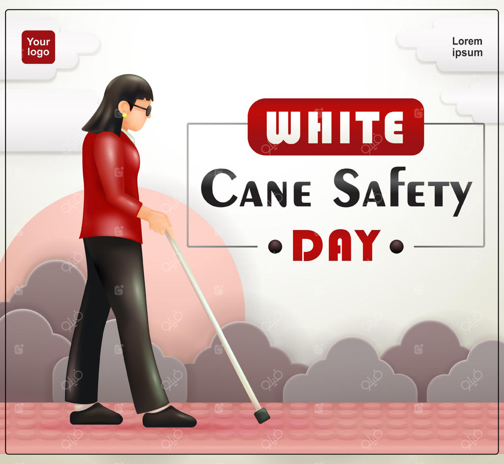 روز ایمنی عصای سفید: زن نابینا با عصای سفید در حال قدم زدن روی پیاده‌رو. تصویر سه‌بعدی مناسب برای آموزش، بهداشت و رویدادها