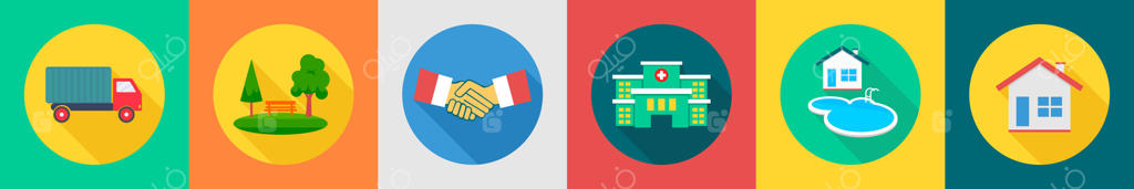 مجموعه‌ای از ۶ آیکون املاک شامل کامیون، باغ، و شرکا