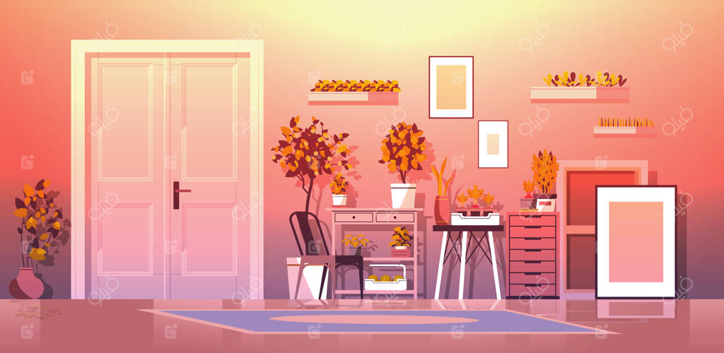 گلخانه‌ای از گیاهان گلدانی بر روی قفسه‌ها در دکوراسیون اتاق نشیمن افقی