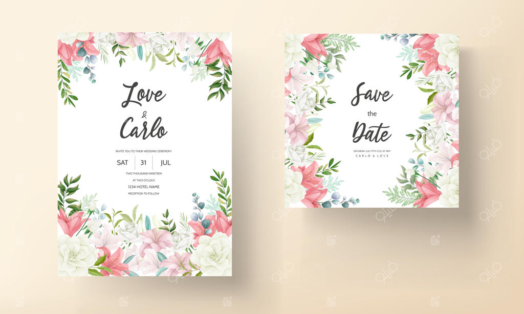 کارت دعوت عروسی شیک با طراحی دستی گل‌ها و برگ‌های لطیف