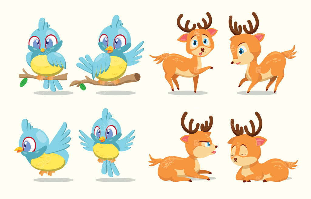 مجموعه‌ای از پرندگان و گوزن‌های بامزه در حالت‌ها و حرکات مختلف شخصیت کارتونی برای طراحان گرافیک وکتور иллюстراция