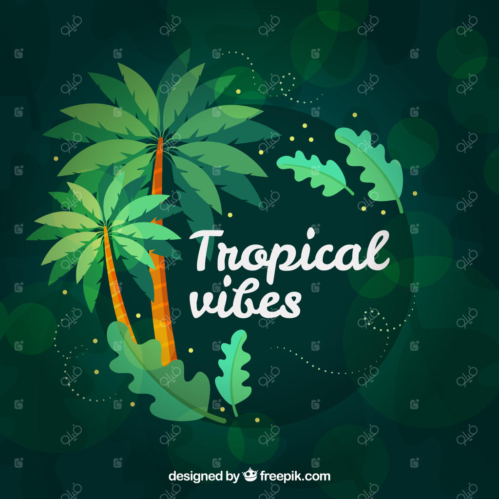 پس‌زمینهٔ رنگارنگ استوایی با درختان نخل