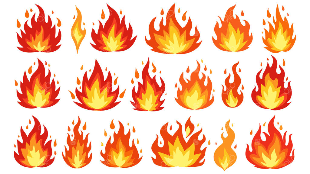 مجموعه شعله‌های کارتونی و سیلوئت‌های آتشین؛ شامل آتش کمپ، آتش جنگل و آتش‌های بزرگ، نماد قدرت و انرژی سوختن