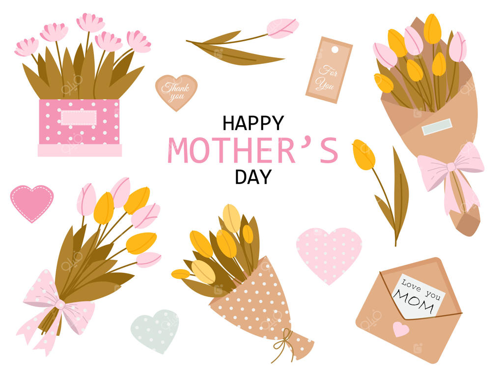مجموعه‌ای شاد برای روز مادر با گل‌ها، پاکت و قلب‌ها