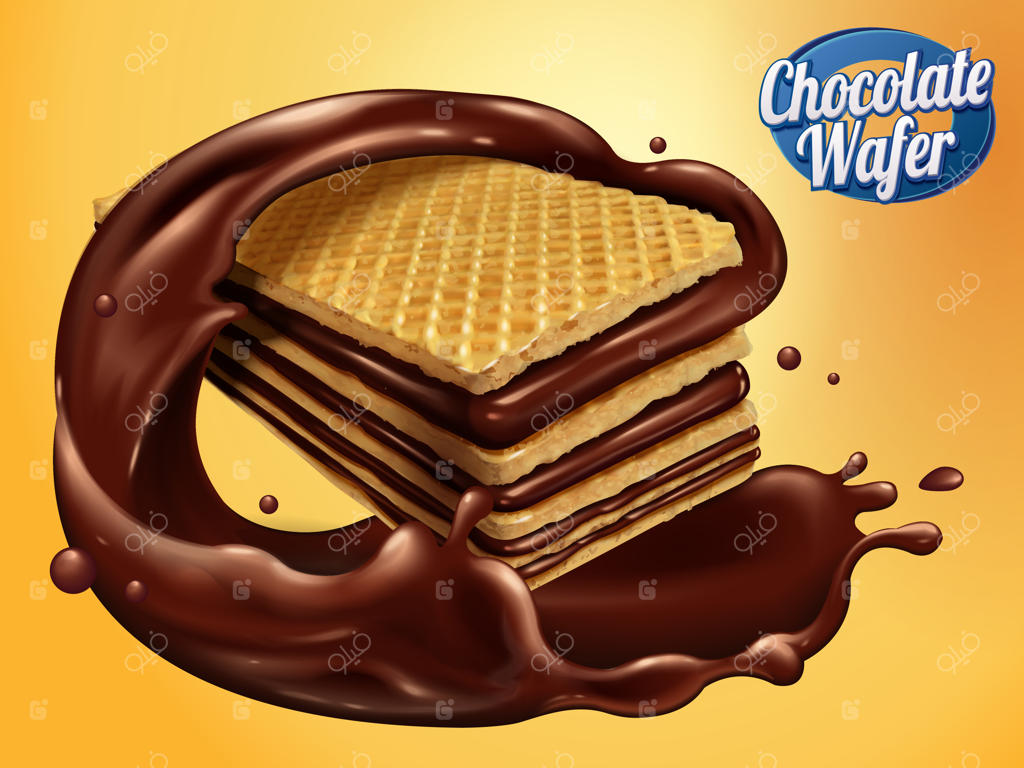 عنصر ویفر شکلاتی، کوکی ترد با شربت شکلاتی بر روی زمینه زرد