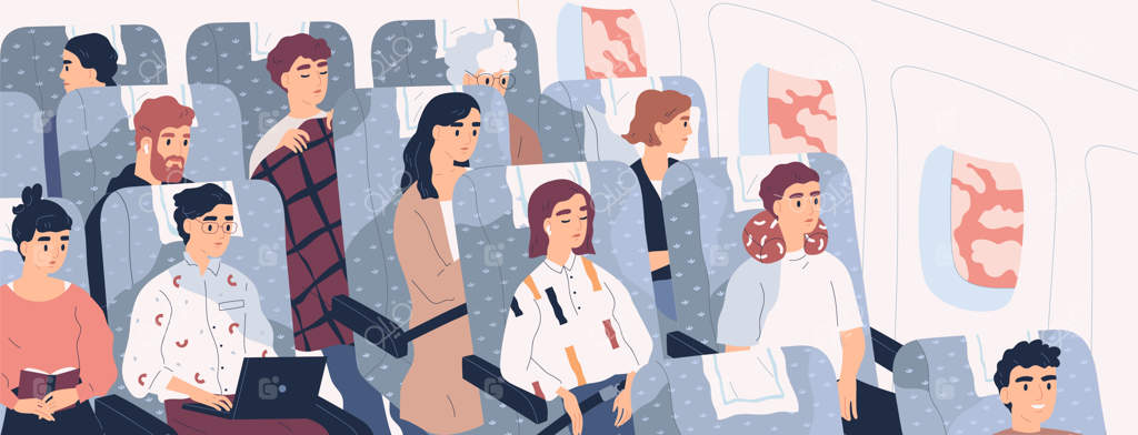 مسافران در حال سوار شدن به هواپیما - تصویرگری وکتور. کارتون افرادی که با هواپیما به خارج از کشور سفر می‌کنند. حمل و نقل هوایی عمومی. گردشگران در حال رفتن به تعطیلات و سفر کاری. مسافران در حال استراحت در صندلی‌های هواپیما.