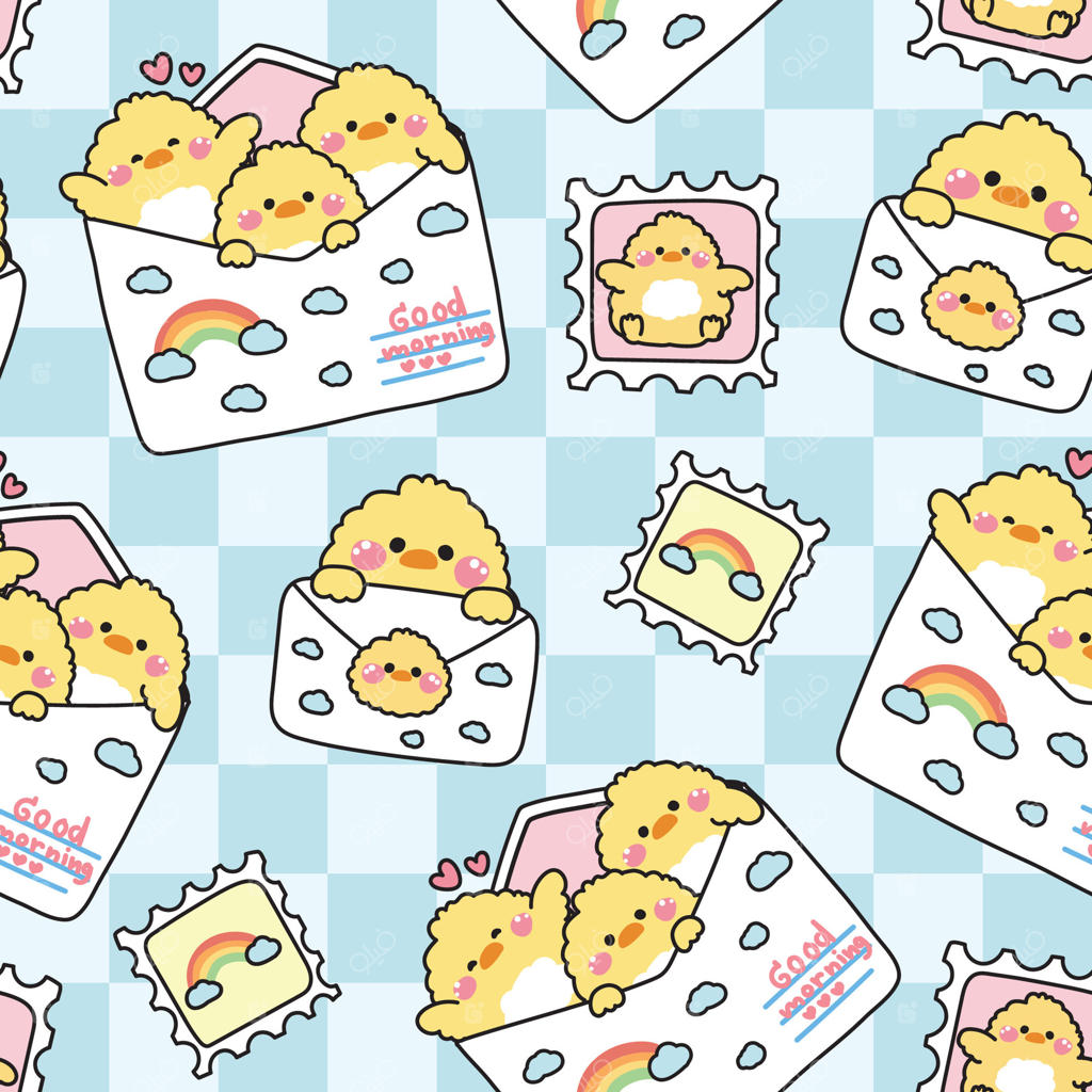 پترن یکپارچه جوجه‌های بامزه در نامه‌های کاغذی با پس‌زمینه ابر و رنگین‌کمان. تمبر. پیام. کارت. متن صبح بخیر. شخصیت حیوانات مزرعه. کاوایی. تصویرسازی.