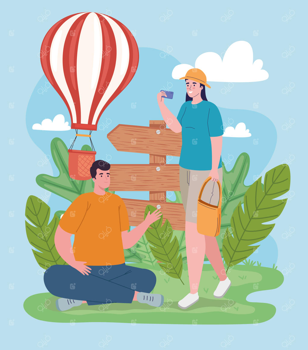 زوجی گردشگر با بالون هوای گرم