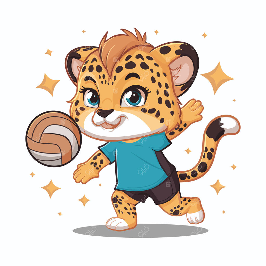 تصاویر یوزپلنگ کارتونی در حالت‌های مختلف: نشسته، ایستاده، در حال قدم زدن و دویدن. کاملاً ایزوله بر روی زمینه سفید