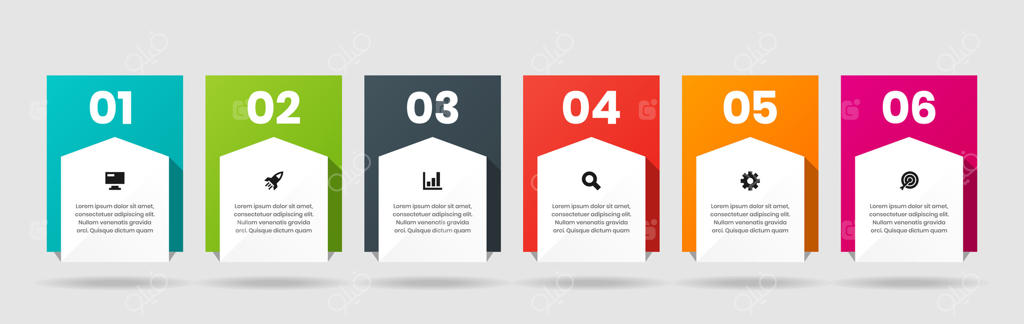 برچسب الگوهای طراحی عناصر اینفوگرافیک با آیکون‌ها و ۶ شماره: مناسب برای نمودار فرآیند، طرح‌بندی جریان کار، بنر، چارت جریان، اینفوگرافیک