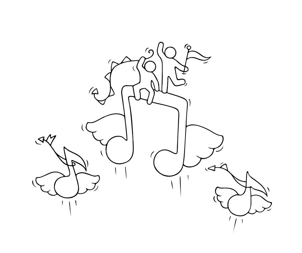 طرح کارگران کوچک با نت‌های پرنده. صحنه‌ای کوچک و بامزه از کارگران در دنیای موسیقی. نقاشی دستی برای طراحی مدارس و آموزش.