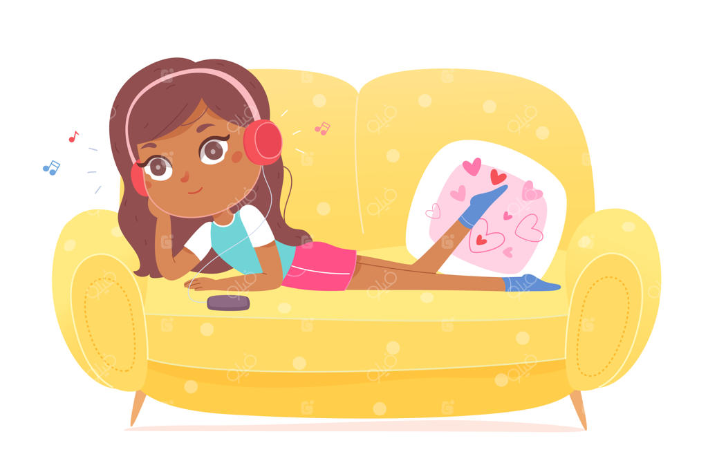 لذت آرام دختر روی مبل خانه با هدفون برای گوش دادن به موسیقی - شخصیت کارتونی زنی جوان با لبخند و استفاده از گوشی هوشمند و هدفون در زمینه سفید