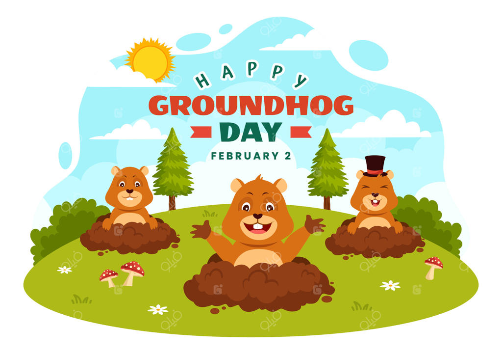 تصویر برداری روز موش خرما در ۲ فوریه با موش خرمایی که از سوراخ زمین بیرون آمده و باغ در پس‌زمینه طراحی کارتونی