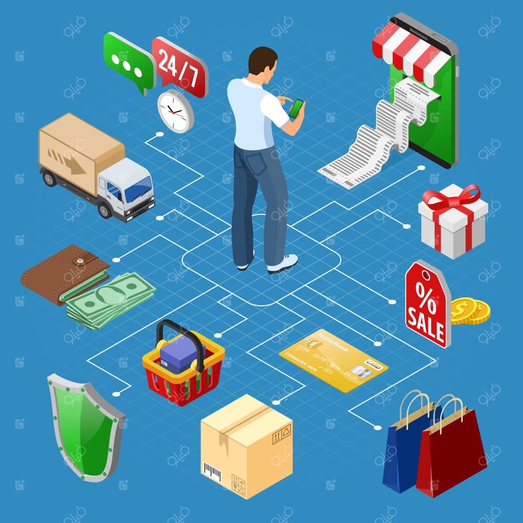 گوشی هوشمند با رسید، پول و مشتری: مفهوم خرید اینترنتی و پرداخت الکترونیکی آنلاین.