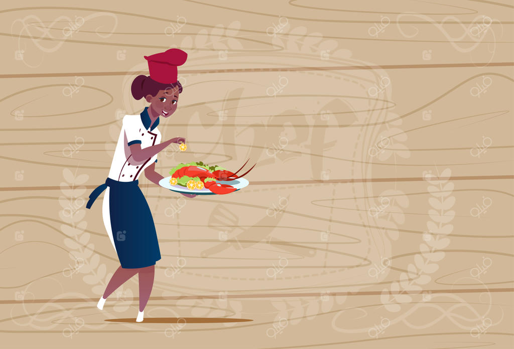 آشپز زن آفریقایی-آمریکایی با سینی خرچنگ در لباس آشپزی مقابل پس‌زمینه چوبی