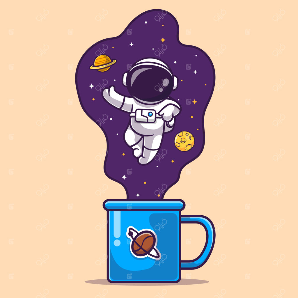 تصویر بامزه فضانورد در حال پرواز در فضا با قهوه. نماد نوشیدنی علمی