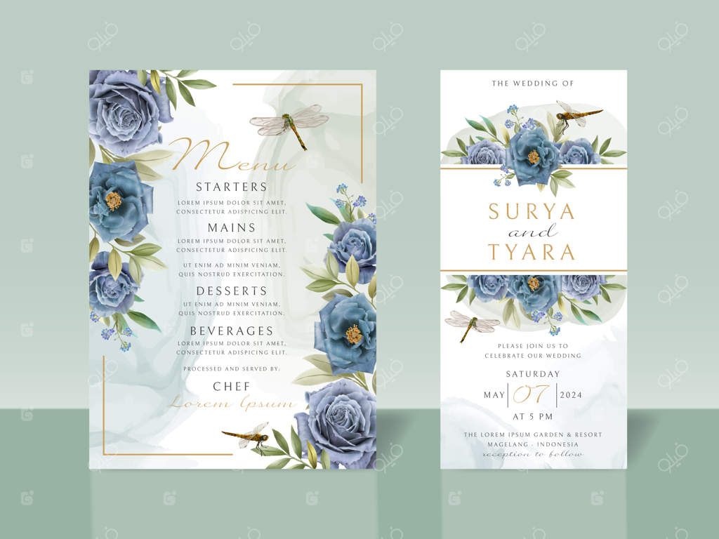 کارت دعوت عروسی با طرح دستی گل‌های آبی و سنجاقک