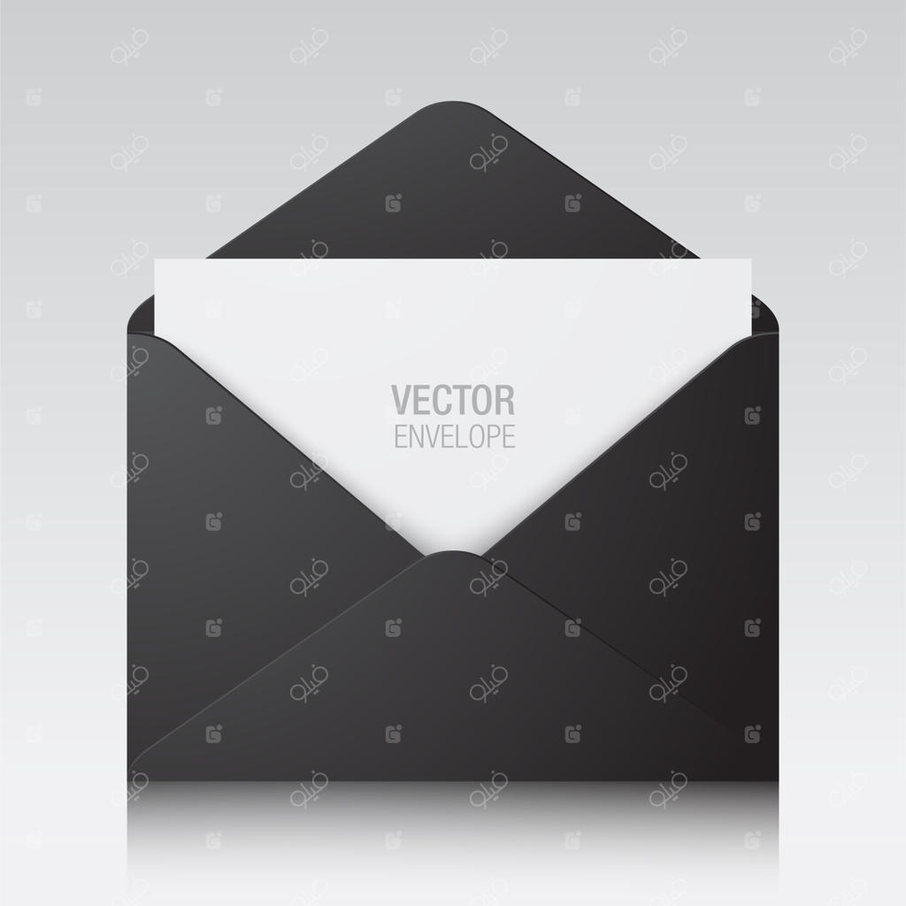 پاکت نامه: پاکت سیاه باز شده با کارت کاغذی سفید روی زمینه.