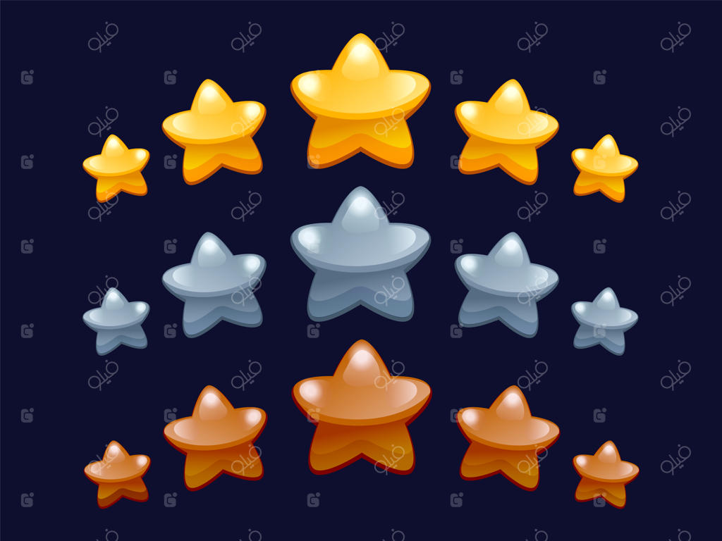 سطح امتیازدهی بازی کارتونی با قالب گرافیکی ستاره‌ای برای بازی موبایل: مجموعه عناصر رابط کاربری 2D